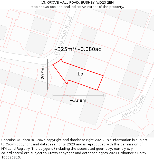 15, GROVE HALL ROAD, BUSHEY, WD23 2EH: Plot and title map