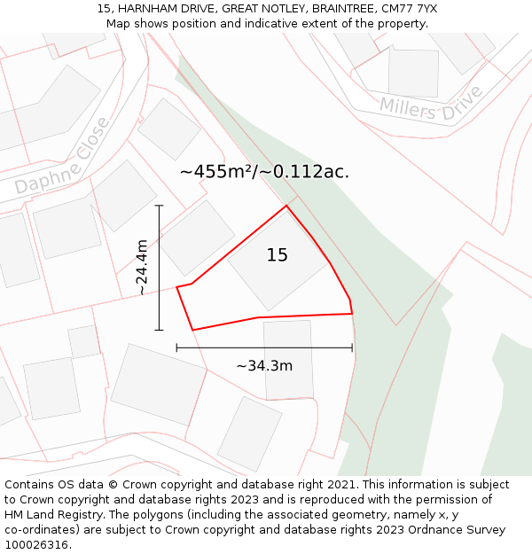 15, HARNHAM DRIVE, GREAT NOTLEY, BRAINTREE, CM77 7YX: Plot and title map