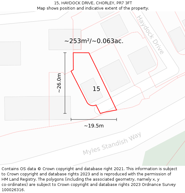 15, HAYDOCK DRIVE, CHORLEY, PR7 3FT: Plot and title map