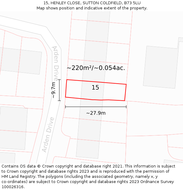 15, HENLEY CLOSE, SUTTON COLDFIELD, B73 5LU: Plot and title map