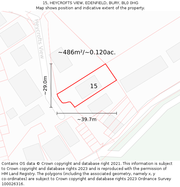 15, HEYCROFTS VIEW, EDENFIELD, BURY, BL0 0HG: Plot and title map