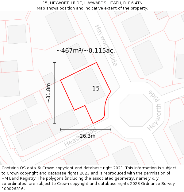 15, HEYWORTH RIDE, HAYWARDS HEATH, RH16 4TN: Plot and title map