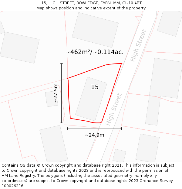 15, HIGH STREET, ROWLEDGE, FARNHAM, GU10 4BT: Plot and title map