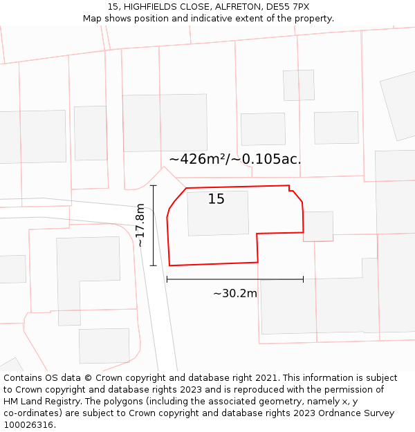 15, HIGHFIELDS CLOSE, ALFRETON, DE55 7PX: Plot and title map