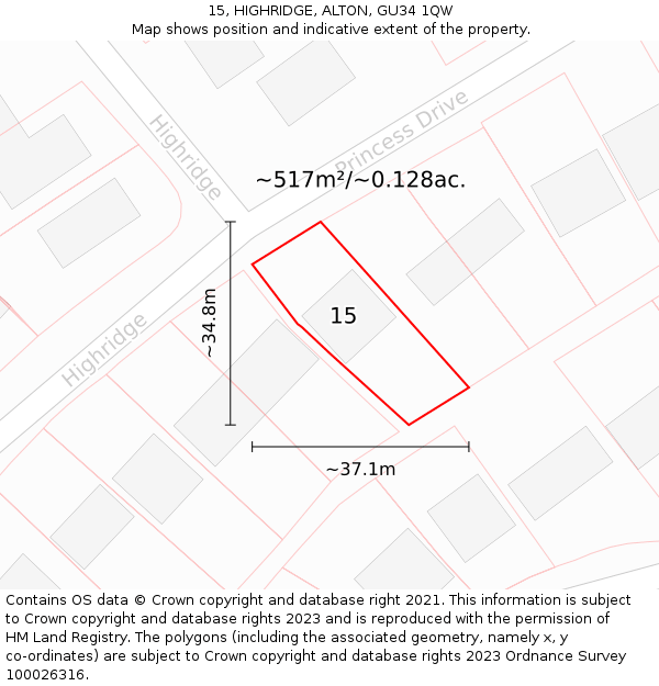 15, HIGHRIDGE, ALTON, GU34 1QW: Plot and title map