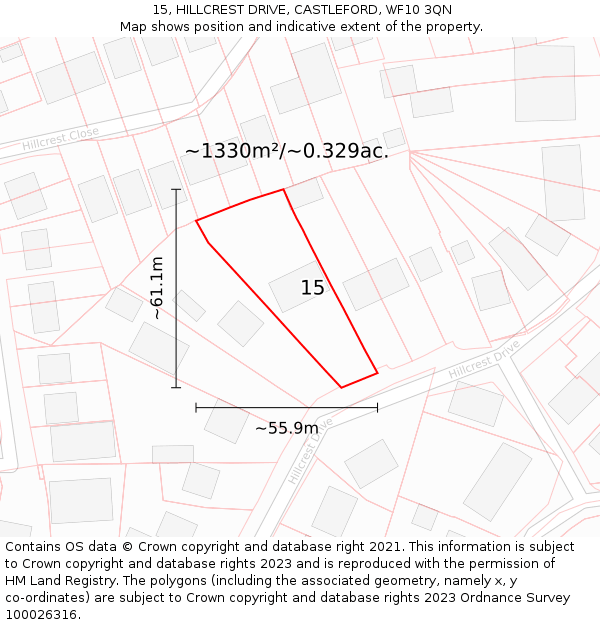 15, HILLCREST DRIVE, CASTLEFORD, WF10 3QN: Plot and title map