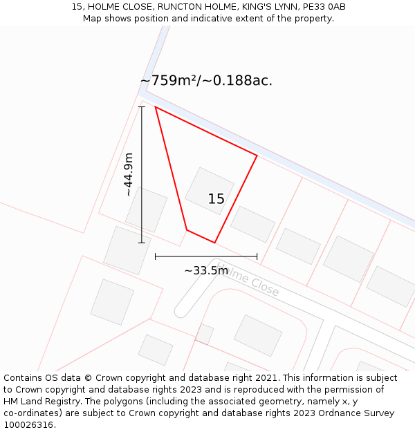 15, HOLME CLOSE, RUNCTON HOLME, KING'S LYNN, PE33 0AB: Plot and title map