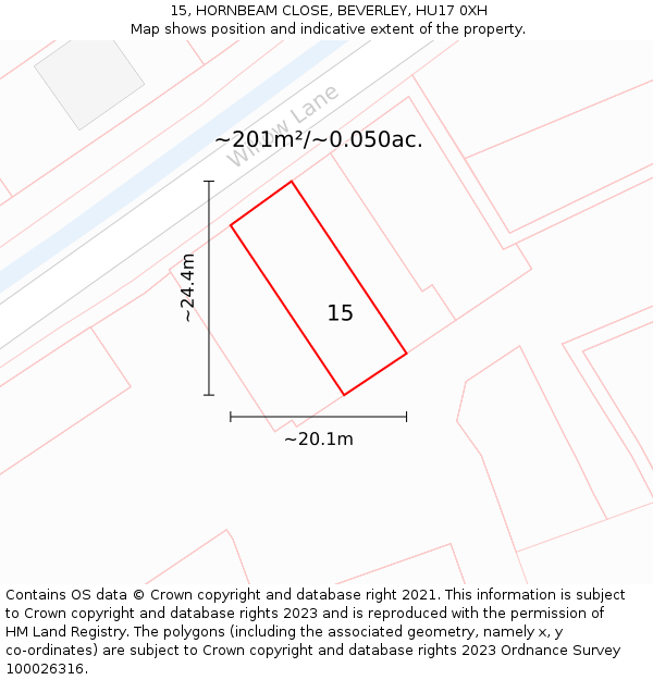 15, HORNBEAM CLOSE, BEVERLEY, HU17 0XH: Plot and title map