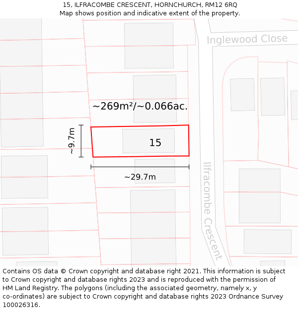 15, ILFRACOMBE CRESCENT, HORNCHURCH, RM12 6RQ: Plot and title map