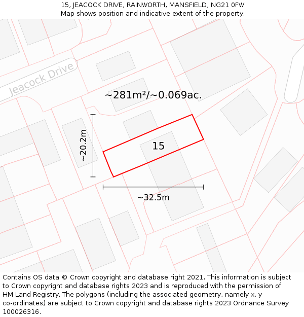 15, JEACOCK DRIVE, RAINWORTH, MANSFIELD, NG21 0FW: Plot and title map