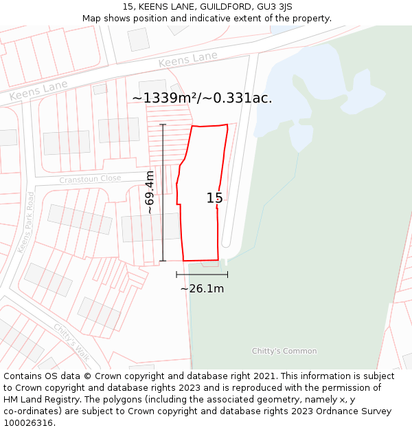 15, KEENS LANE, GUILDFORD, GU3 3JS: Plot and title map