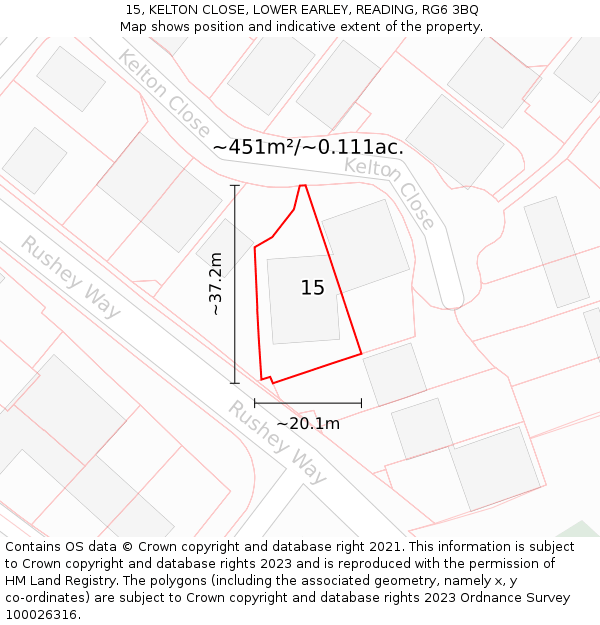 15, KELTON CLOSE, LOWER EARLEY, READING, RG6 3BQ: Plot and title map