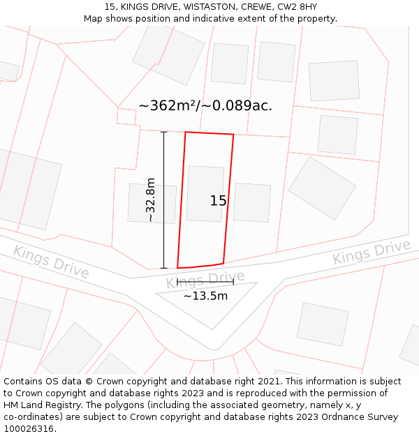 15, KINGS DRIVE, WISTASTON, CREWE, CW2 8HY: Plot and title map