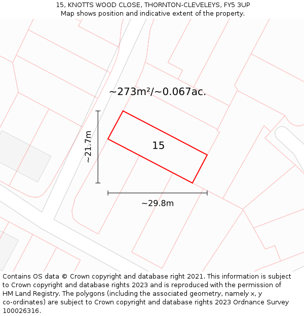 15, KNOTTS WOOD CLOSE, THORNTON-CLEVELEYS, FY5 3UP: Plot and title map