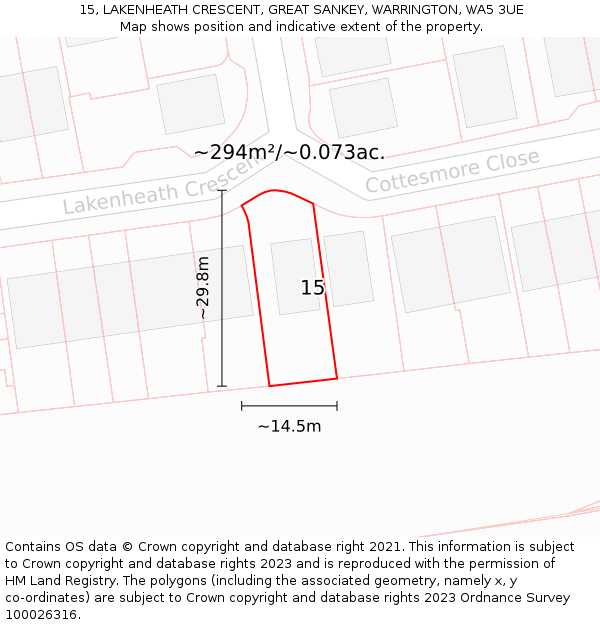 15, LAKENHEATH CRESCENT, GREAT SANKEY, WARRINGTON, WA5 3UE: Plot and title map