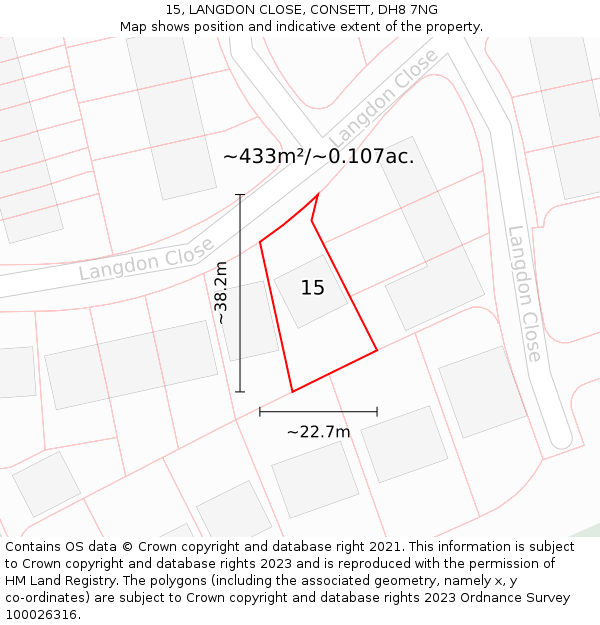 15, LANGDON CLOSE, CONSETT, DH8 7NG: Plot and title map