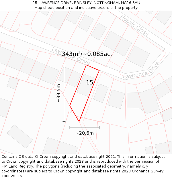 15, LAWRENCE DRIVE, BRINSLEY, NOTTINGHAM, NG16 5AU: Plot and title map