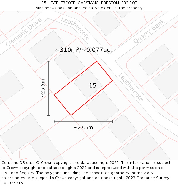 15, LEATHERCOTE, GARSTANG, PRESTON, PR3 1QT: Plot and title map