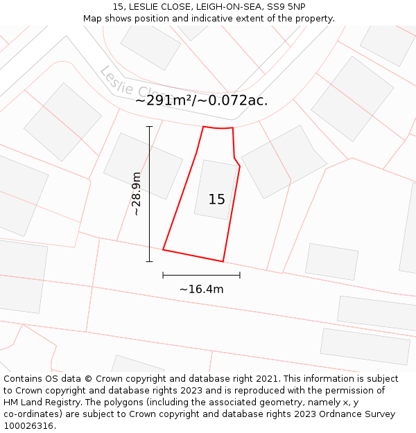 15, LESLIE CLOSE, LEIGH-ON-SEA, SS9 5NP: Plot and title map