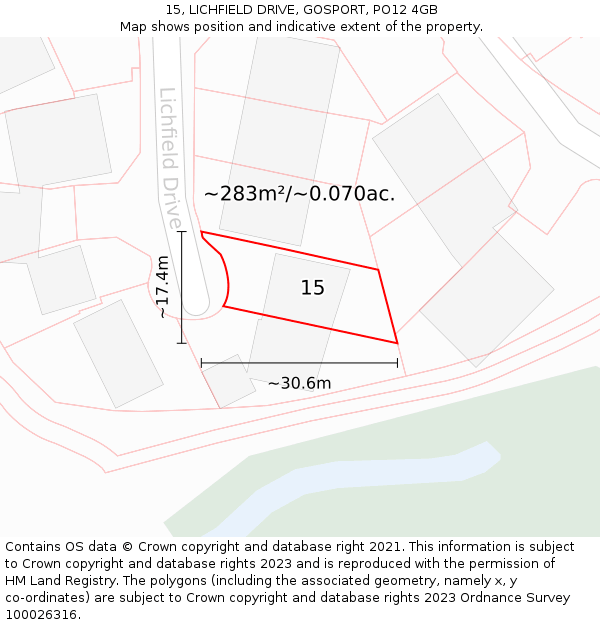 15, LICHFIELD DRIVE, GOSPORT, PO12 4GB: Plot and title map