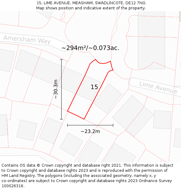 15, LIME AVENUE, MEASHAM, SWADLINCOTE, DE12 7NG: Plot and title map