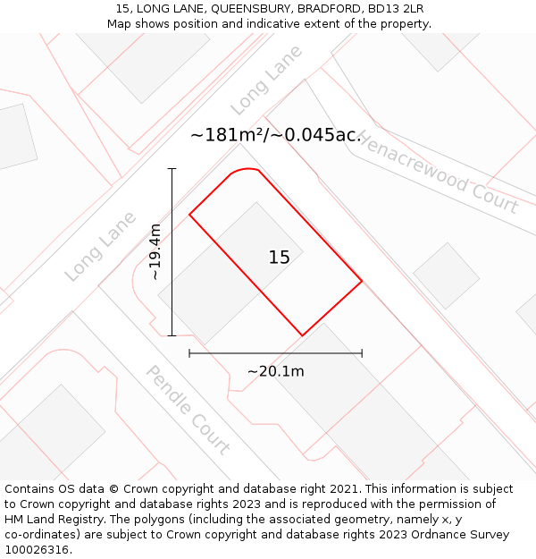 15, LONG LANE, QUEENSBURY, BRADFORD, BD13 2LR: Plot and title map