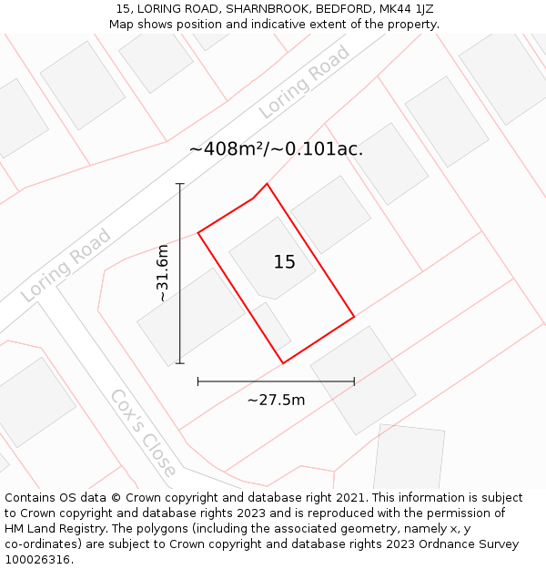 15, LORING ROAD, SHARNBROOK, BEDFORD, MK44 1JZ: Plot and title map