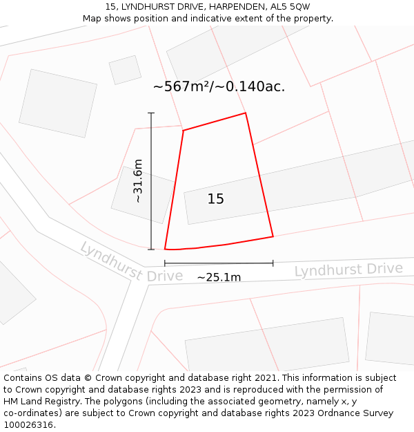 15, LYNDHURST DRIVE, HARPENDEN, AL5 5QW: Plot and title map