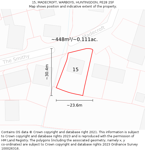 15, MADECROFT, WARBOYS, HUNTINGDON, PE28 2SF: Plot and title map