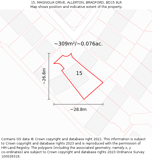 15, MAGNOLIA DRIVE, ALLERTON, BRADFORD, BD15 9LR: Plot and title map