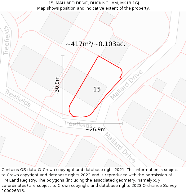 15, MALLARD DRIVE, BUCKINGHAM, MK18 1GJ: Plot and title map