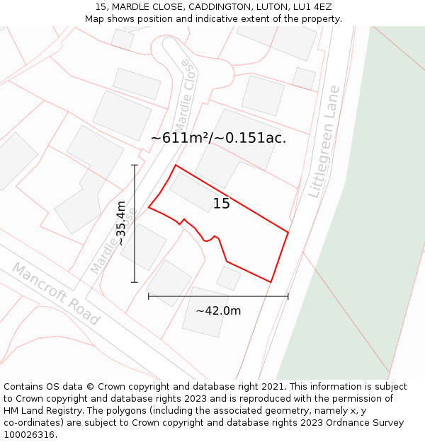 15, MARDLE CLOSE, CADDINGTON, LUTON, LU1 4EZ: Plot and title map