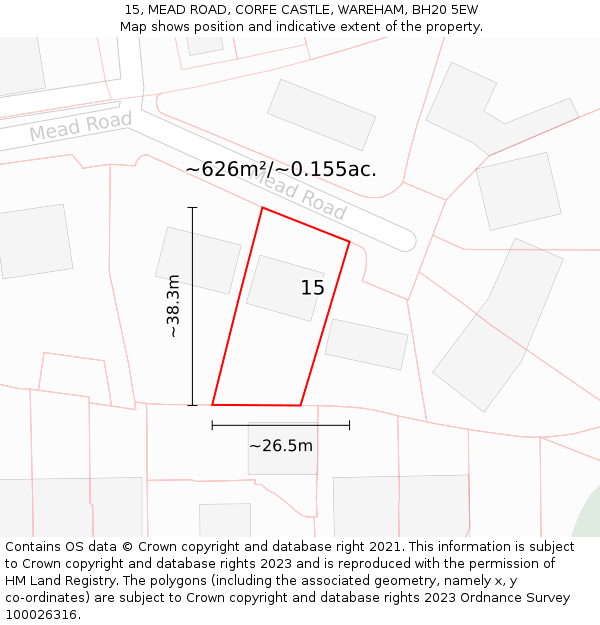 15, MEAD ROAD, CORFE CASTLE, WAREHAM, BH20 5EW: Plot and title map