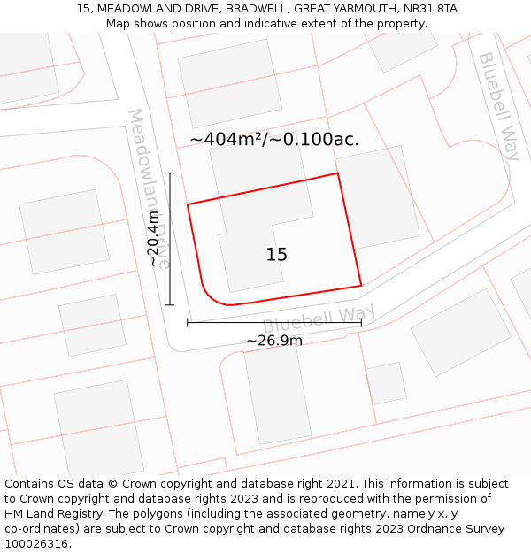 15, MEADOWLAND DRIVE, BRADWELL, GREAT YARMOUTH, NR31 8TA: Plot and title map