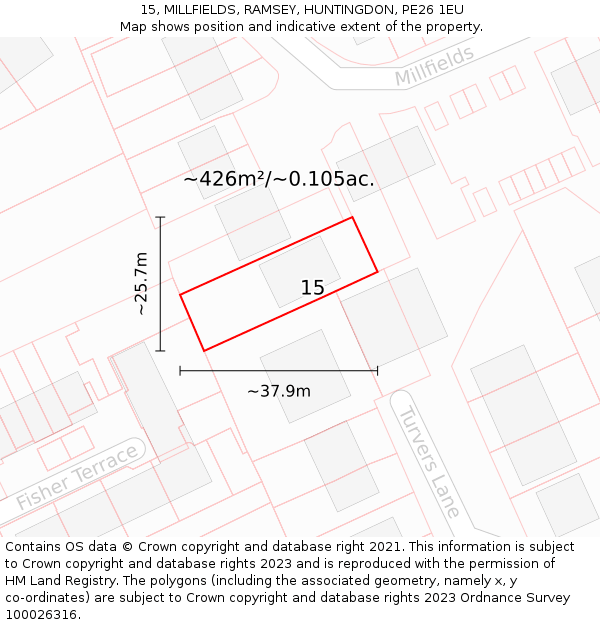 15, MILLFIELDS, RAMSEY, HUNTINGDON, PE26 1EU: Plot and title map