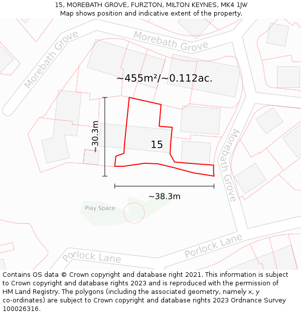 15, MOREBATH GROVE, FURZTON, MILTON KEYNES, MK4 1JW: Plot and title map