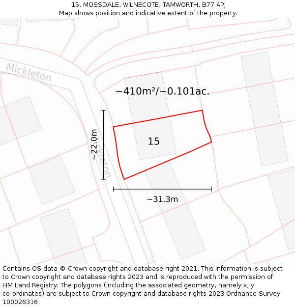 15, MOSSDALE, WILNECOTE, TAMWORTH, B77 4PJ: Plot and title map