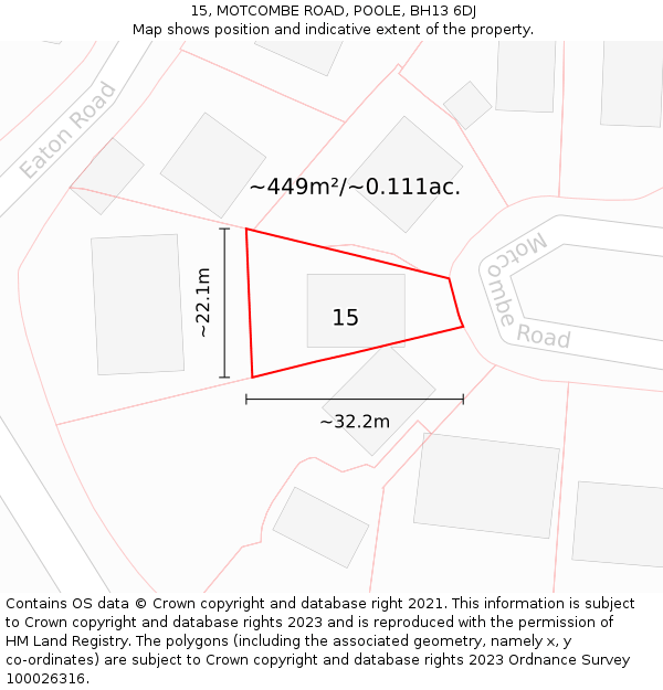 15, MOTCOMBE ROAD, POOLE, BH13 6DJ: Plot and title map