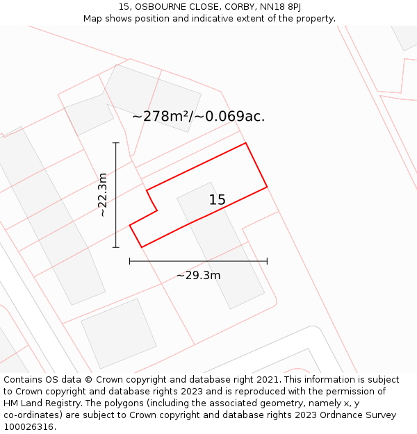 15, OSBOURNE CLOSE, CORBY, NN18 8PJ: Plot and title map