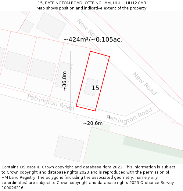 15, PATRINGTON ROAD, OTTRINGHAM, HULL, HU12 0AB: Plot and title map