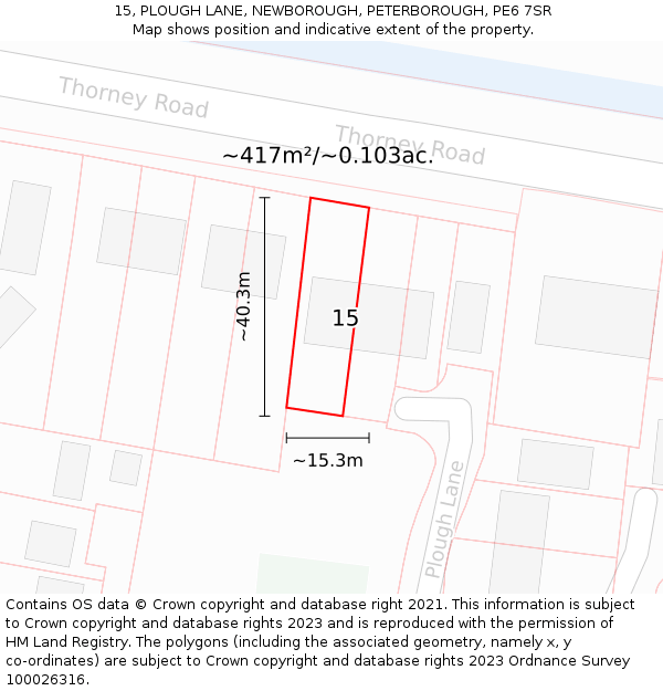 15, PLOUGH LANE, NEWBOROUGH, PETERBOROUGH, PE6 7SR: Plot and title map