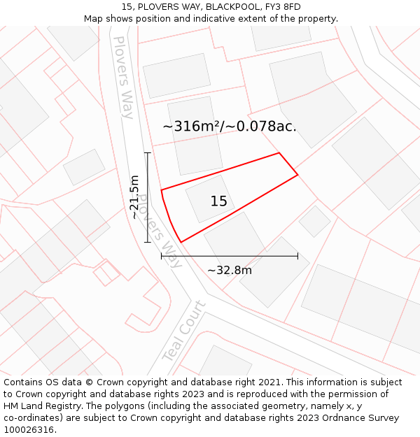 15, PLOVERS WAY, BLACKPOOL, FY3 8FD: Plot and title map