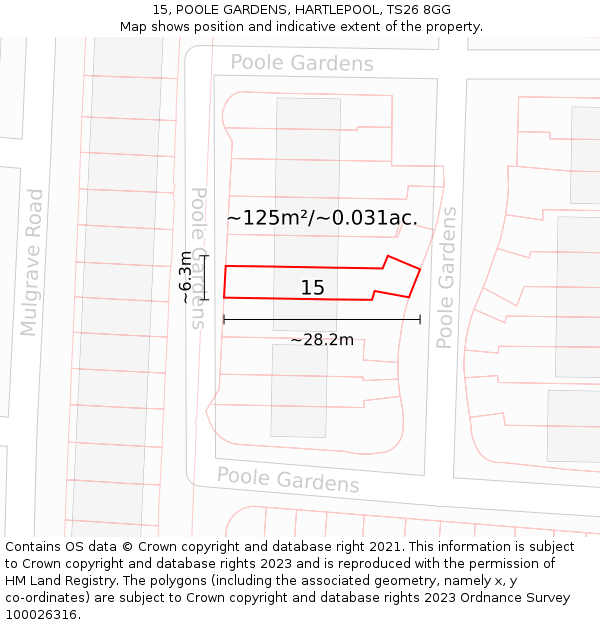 15, POOLE GARDENS, HARTLEPOOL, TS26 8GG: Plot and title map