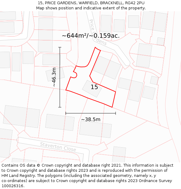 15, PRICE GARDENS, WARFIELD, BRACKNELL, RG42 2PU: Plot and title map