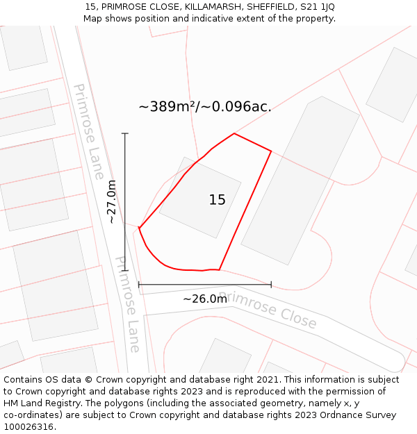 15, PRIMROSE CLOSE, KILLAMARSH, SHEFFIELD, S21 1JQ: Plot and title map