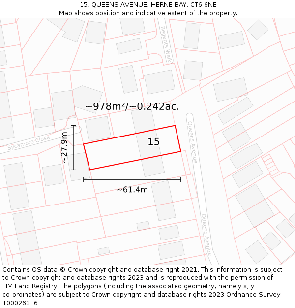 15, QUEENS AVENUE, HERNE BAY, CT6 6NE: Plot and title map