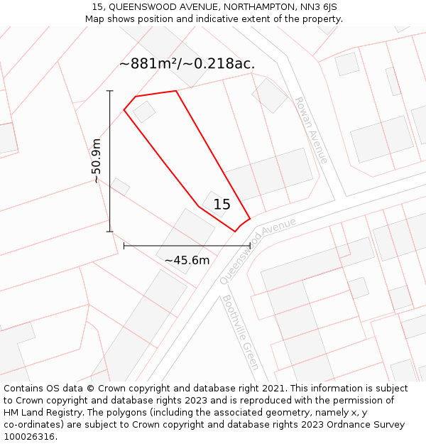 15, QUEENSWOOD AVENUE, NORTHAMPTON, NN3 6JS: Plot and title map