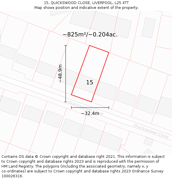 15, QUICKSWOOD CLOSE, LIVERPOOL, L25 4TT: Plot and title map