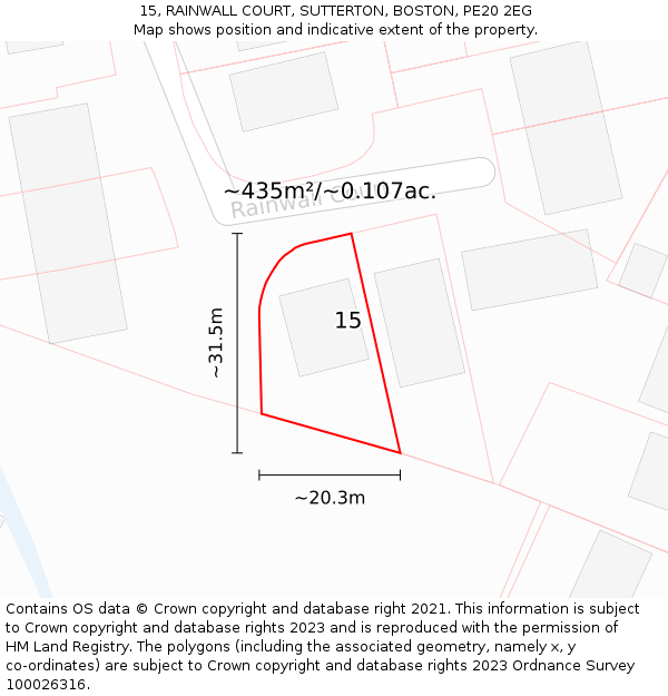 15, RAINWALL COURT, SUTTERTON, BOSTON, PE20 2EG: Plot and title map