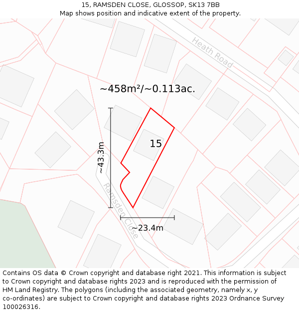 15, RAMSDEN CLOSE, GLOSSOP, SK13 7BB: Plot and title map